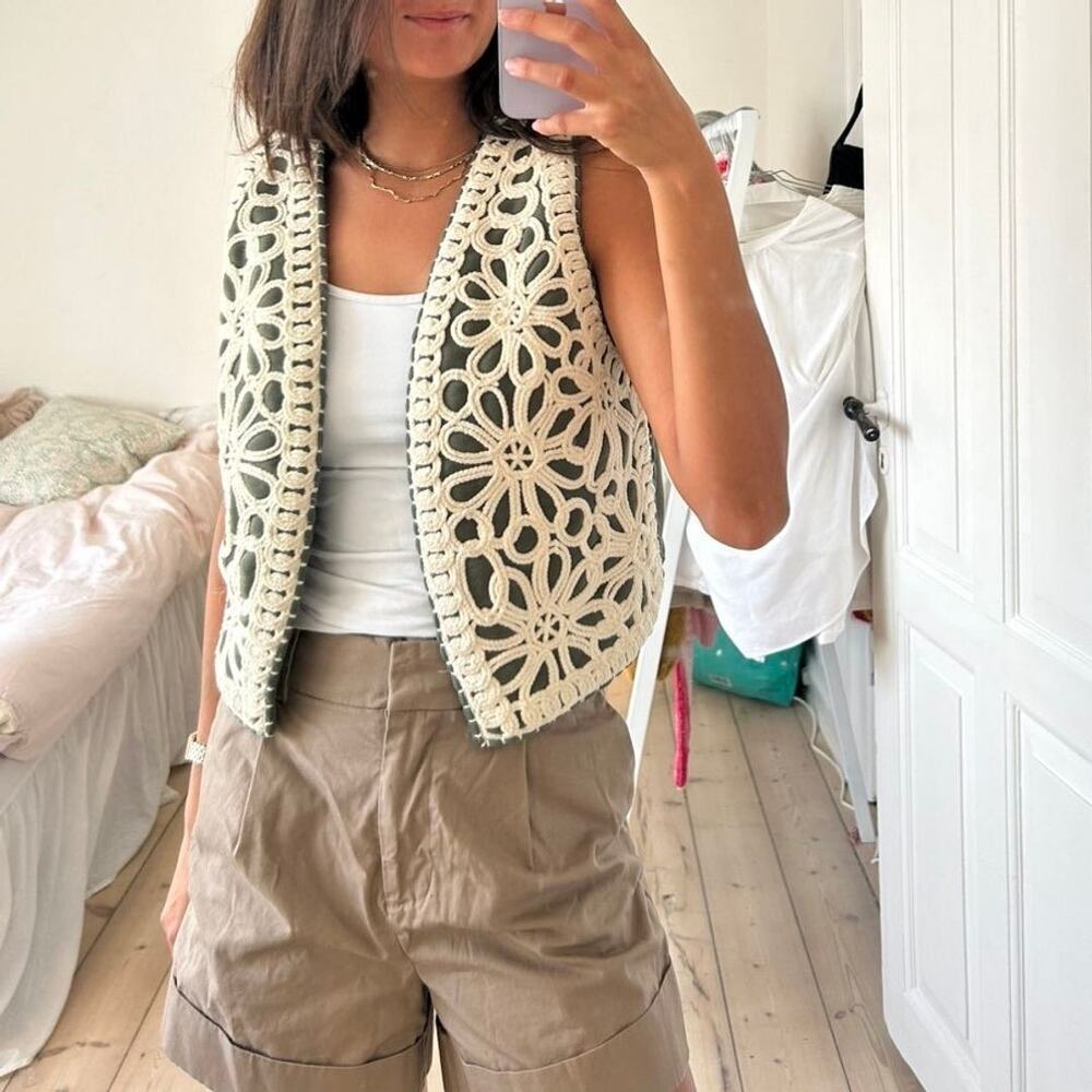 Zara Embroidered Quilted Open Front Vest